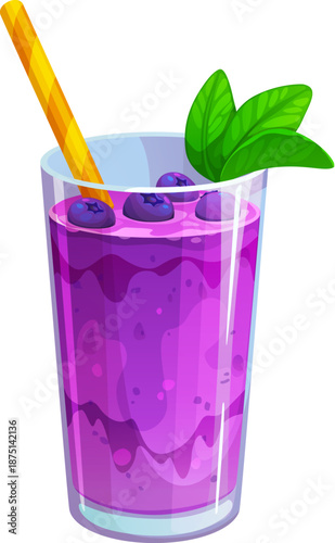 Purple violet smoothie glass with drinking straw, cartoon vector drink beverage. Blueberry fruit or berry smoothie drink with mint leaves for fruity cocktail or healthy juice and milkshake dessert