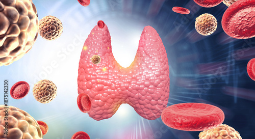 Bilde på lerret Human thyroid gland with an internal, microscopic view of a viral infection (thyroiditis)