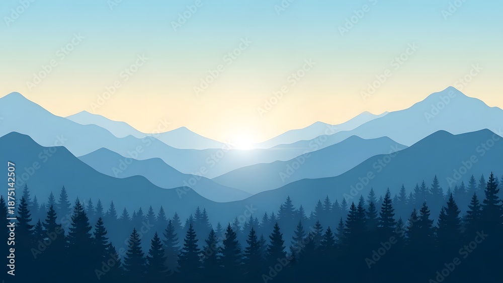 Obraz premium Atmospheric sunrise view of a misty mountain landscape with snow peaks and pine tree forests under a cloudy morning sky in the winter Alps