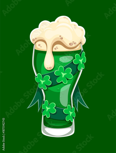 Ale glass Happy St Patrick day symbol. Cartoon green beer decorated with shamrocks and ribbon. Vector festive frothy drink for parades and parties celebrations, Irish culture and traditions