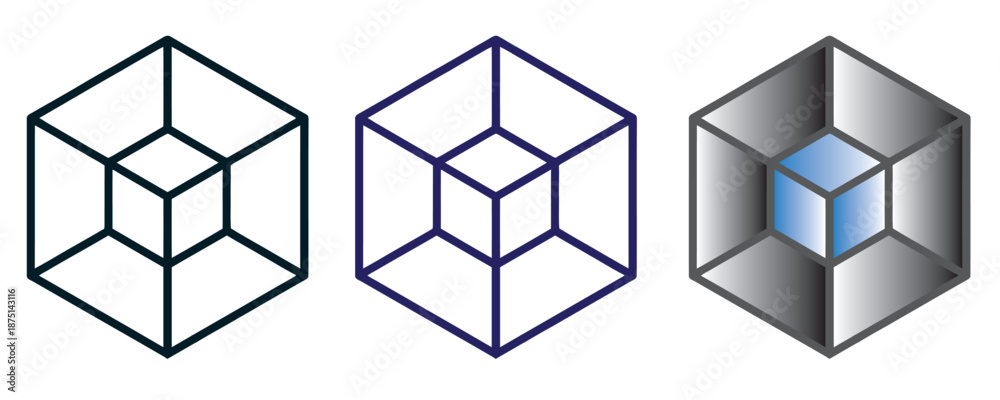Obraz premium Visual representation of three necker cubes illustrating an optical illusion in varied styles