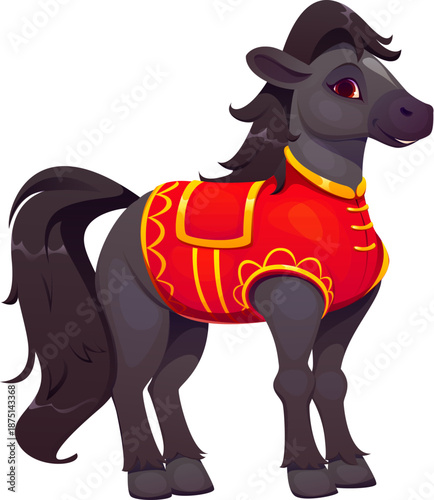 Chinese New Year cartoon horse in traditional Asian Hanfu costume, vector funny character. CNY holiday symbol of Chinese New Year, cheerful horse stud in red tang vest suit for holiday greeting card