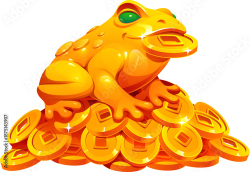 Chinese Lunar New Year holiday icon of frog toad with money, cartoon vector game asset. Chinese New Year traditional Jin Chan money toad with golden coins in mouth as Feng Shui symbol of fortune
