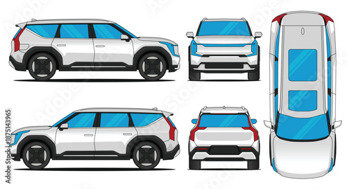 SUV Crossover car vector. EV car mockup vector, including side, front, rear and top views.
