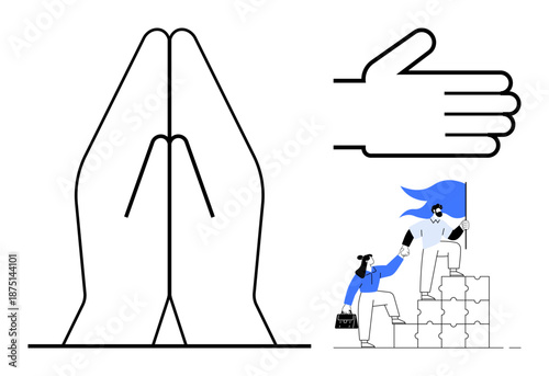 Team collaboration, leadership, goal achievement, mutual support, trust, motivation. Praying hands, helping hand and figures completing tasks. Leadership and teamwork through actions
