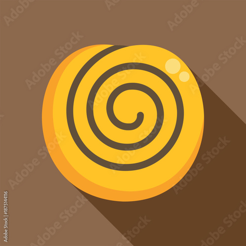 Yellow spiral lollipop candy with a long shadow on a brown background