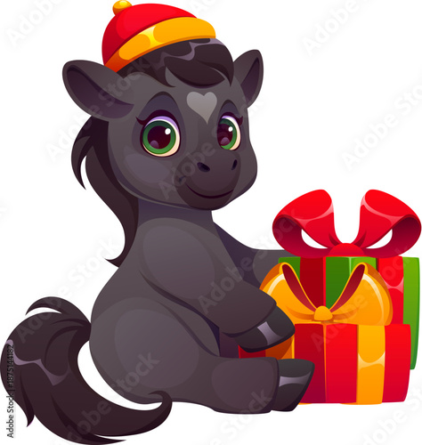 Cartoon Chinese Lunar New Year horse foal character. Cute cartoon animal in red and gold hat, sitting with gifts. Cheerful vector personage celebrates Chinese zodiac, perfect for Lunar New Year cards