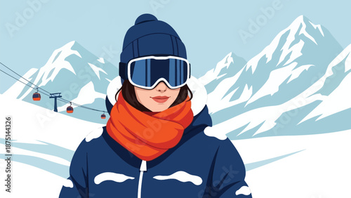 Winter sports enthusiast in ski gear with snow-covered mountains and ski lift in the background