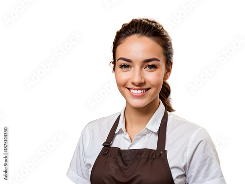 A confident young brunette businesswoman in a white nurse uniform stands smiling, a beautiful female doctor with a happy face looking ahead in this isolated professional portrait of one person