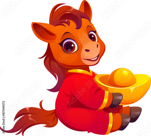 Cartoon Chinese Lunar New Year horse foal character in bright red outfit, holding golden ingot. Cute vector animal, symbolizing zodiac sign, wealth, luck, and celebration. Mascot for greeting cards