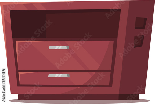 Red Wooden Nightstand with Drawers and Open Shelf.
