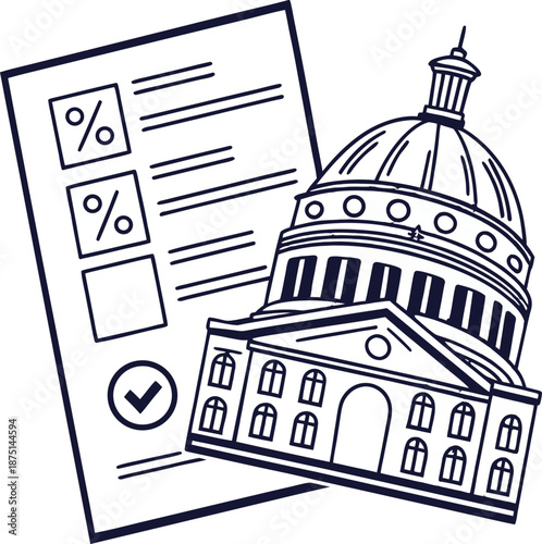 Policy and Government: A conceptual illustration depicting the interplay between governmental buildings and a related document, symbolizing policy-making and governmental processes.