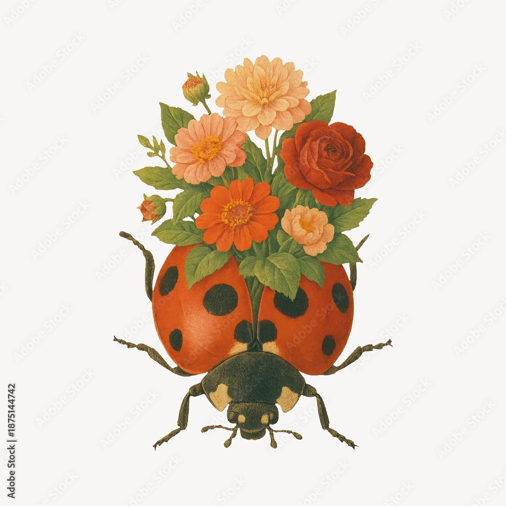 Naklejka premium Ladybug carrying vibrant floral bouquet.