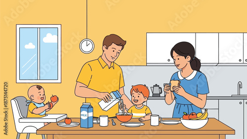 Cheerful family enjoys a wholesome morning breakfast together, starting their day with nutrition and quality time in a cozy home kitchen, fostering connection and happiness