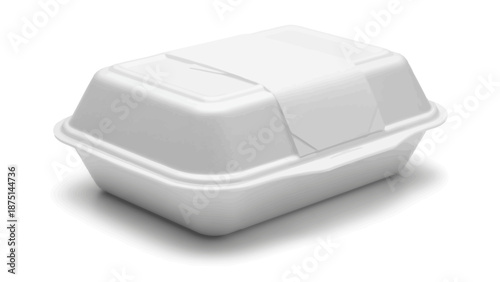 A white styrofoam takeout container with a hinged lid