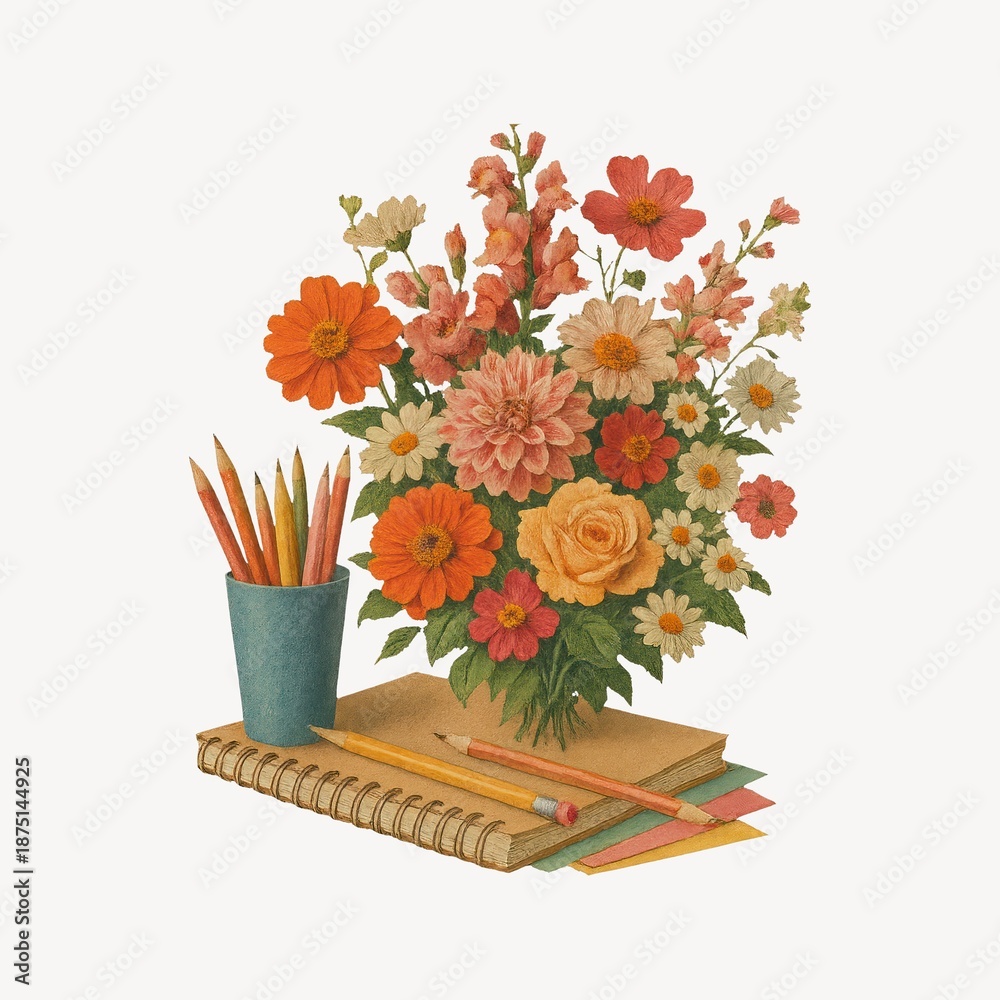 Fototapeta premium Colorful floral stationery arrangement.