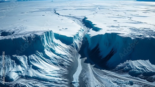 monopole. A vast glacier with a deep, dark crevasse splitting its surface, cold blue and white tones. travel magazines, destination branding, designed for outdoor magazines and nature guides.