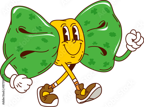 Cartoon groovy Saint Patrick's day bow tie character, retro holiday accessory personage. Vector happy green necktie with friendly smile, expressive eyes and fashionable sneakers, exuding festive charm