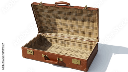 An old brown leather suitcase with a grid patterned interior