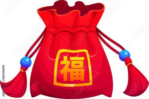 Chinese Lunar New Year red money bag symbol for fortune and wealth, cartoon vector. Chinese happy bag or lucky poach gift with wish greeting in hieroglyphs for Chinese Lunar New Year and Feng Shui