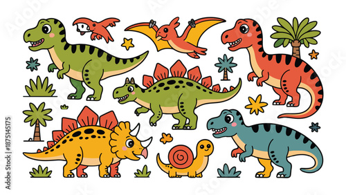 Dino Adventure: A charming illustration featuring diverse, friendly dinosaurs, each embodying unique characteristics and colors, creating an enchanting prehistoric world.