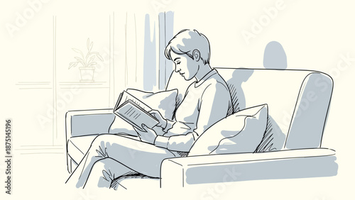 A person is reading a book while sitting on a sofa at home, relaxing with a good story in a calm and comfortable environment
