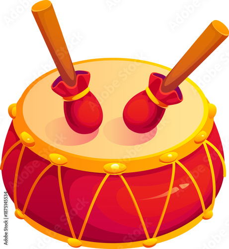 Chinese Lunar New Year holiday icon of tanggu drum, cartoon vector game asset. Chinese New Year festival traditional musical instrument of Tang Gu drum with drumsticks for Asian oriental CNY carnival