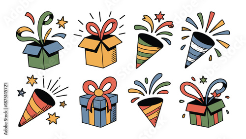 Gift and Confetti Illustration: A cheerful collection of hand-drawn gift boxes and confetti poppers, perfect for celebrating any special occasion and conveying the essence of surprise and joy.