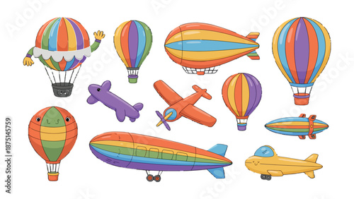 Aerial Adventures: A vibrant collection of whimsical aircraft soar in a colorful display, evoking a sense of joy and wonder.