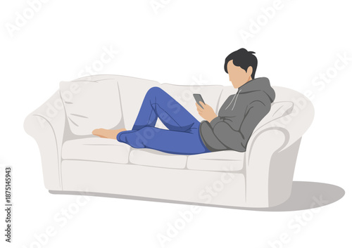 A relaxed individual lounging on a cozy couch while engaging with their smartphone, reflecting modern lifestyle habits in a casual and comfortable setting.
