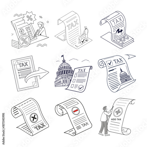 Taxation Illustration: A compilation of intricate line drawings depicts various aspects of taxation, from calculations to submissions.