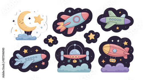 Celestial Voyage: A whimsical illustration showcases an array of spacecrafts, with a charming moon and stars, embarking on a playful journey through a starry expanse.