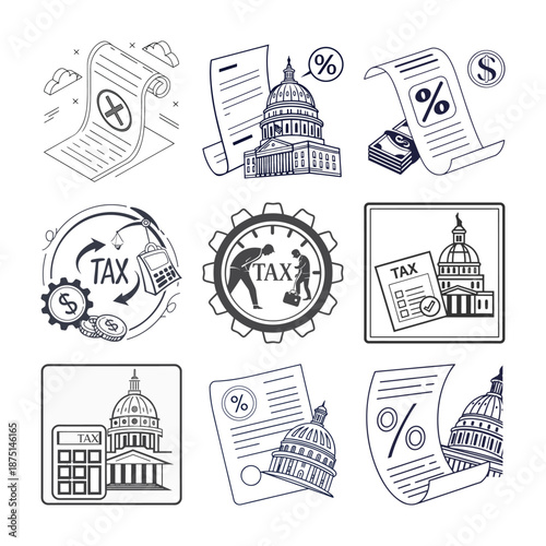 Taxes and Buildings Illustration: A collection of various icons related to taxation and architecture, encompassing concepts such as financial obligations, compliance, and government structures. 