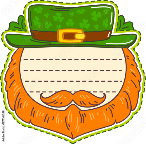Saint Patricks day Irish holiday leprechaun face kids memo note. Irish celebration kids memo note, Saint Patrick holiday vector sticker or frame with leprechaun redhead beard and mustaches, green hat