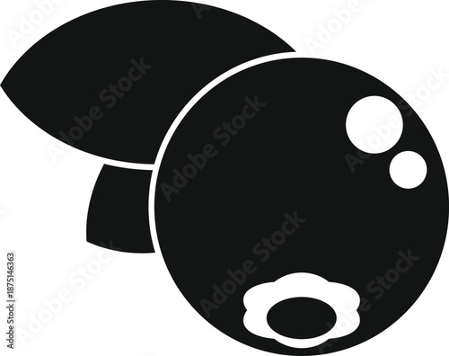Single blueberry fruit with a leaf presented as a black and white simple minimal icon