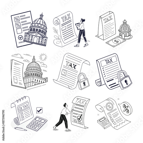 Taxation Illustration: A collection of various illustrations symbolizing taxation processes, including tax forms, buildings, and related items. 