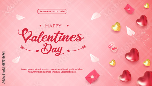 Valentines Day Greeting Card Background With Hearts, Envelopes, and Soft Pink Design