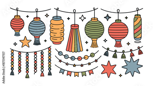 Festive Lanterns and Garland: A vibrant array of colorful lanterns and garlands, strung together, creates a celebratory ambiance. Stars add a touch of whimsy. These images capture joy, light.