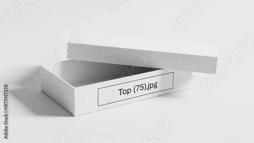 An open white cardboard box with a label on the front