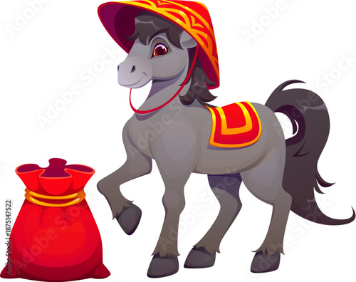 Chinese New Year horse with gifts bag for CNY holiday symbol, vector funny cartoon character. Chinese New Year cheerful horse stud in Asian conical hat, money bag and Hanfu saddle for holiday greeting