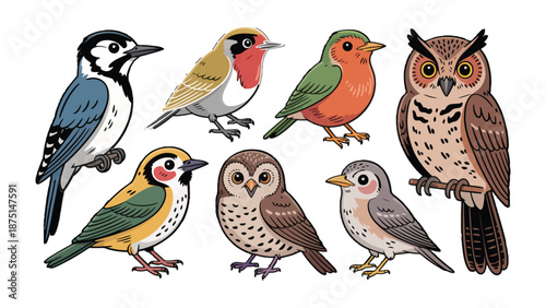 Diverse Avian Collection: A captivating assortment of illustrated birds showcases the exquisite details of avian diversity, each feathered friend a unique and charming character.