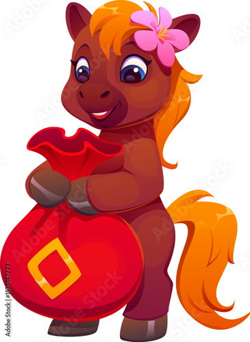 Cute cartoon Chinese Lunar New Year horse foal character holding red money bag. Colorful vector personage for greeting cards, holiday decorations, mascots, and Chinese New Year promotional projects