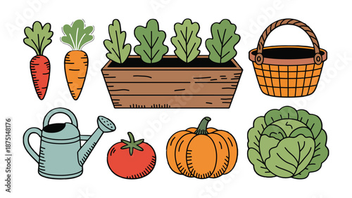 Garden Harvest Essentials: An array of fresh, hand-drawn illustrations showcasing the essentials of a bountiful garden harvest. Including various vegetables, a basket, and a watering can.
