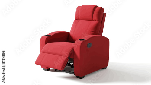 Red recliner chair with footrest extended on white background