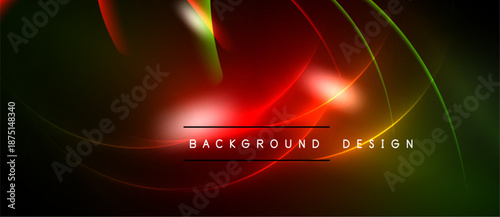 Abstract background features vibrant red, green glows. Dynamic curves create modern visual impact. Dark space enhances luminosity.