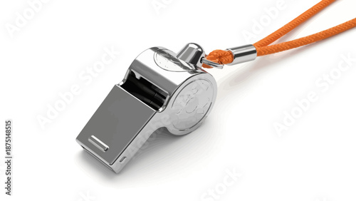 A silver metal whistle with orange cord