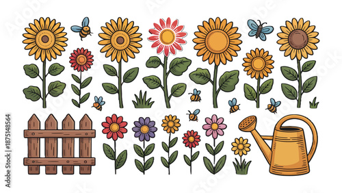 Garden Delights: A vibrant illustration showcasing an array of sunflowers and other colorful flowers in full bloom. Delicate bees flutter amidst the petals.