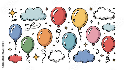 Whimsical Balloon and Clouds: A delightful collection of colorful balloons and fluffy clouds floats on a light and airy scene, evokes a sense of joy and wonder.