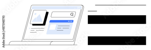 Laptop screen showcasing a web search page including a search bar, image preview, and text elements. Ideal for technology, web design, user interface, innovation, digital marketing, education