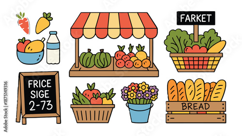 Fresh Market Illustration: A vibrant illustration showcases a farmers market, bursting with colorful produce, baked goods, and fresh flowers, inviting you to savor the bounty of the harvest.